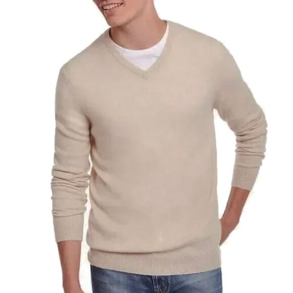 NWT $199 Macy's 100% Cashmere V-Neck Sweater XL Oatmeal Heather
